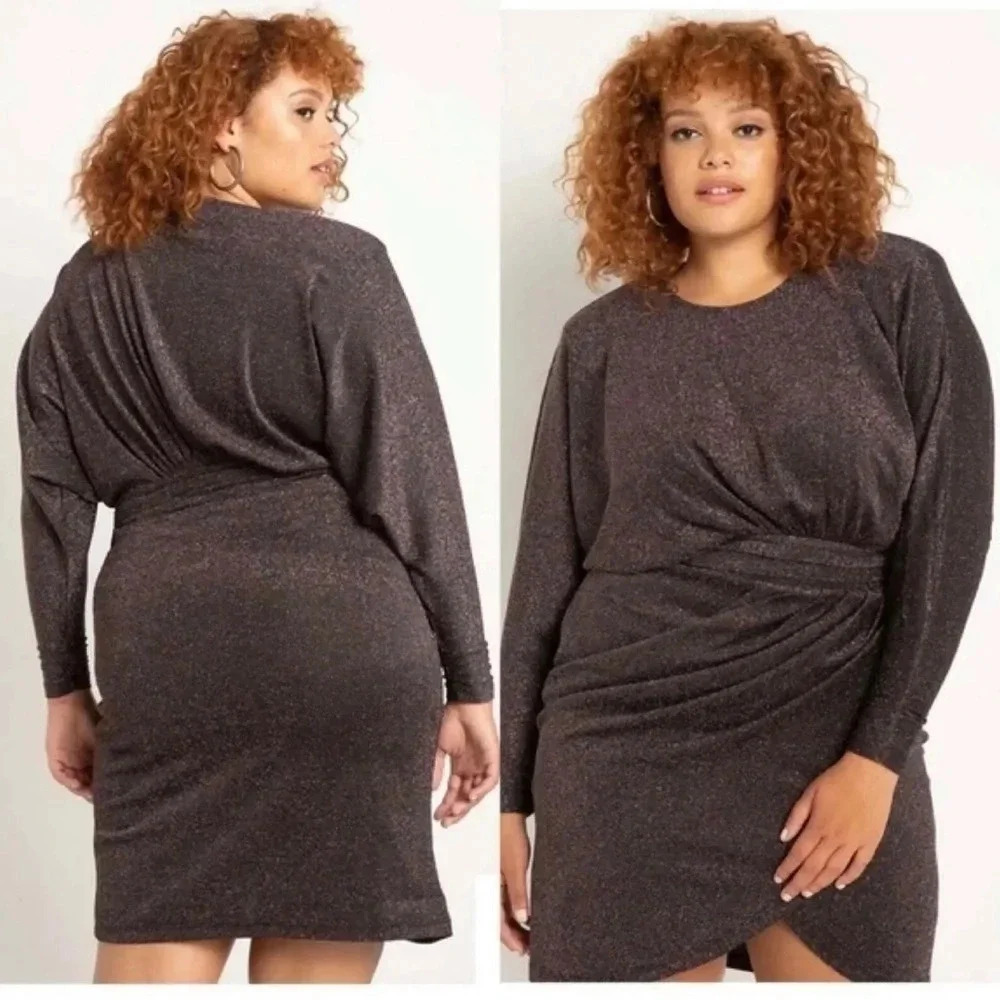 Eloquii Tulip Skirt Metallic Sparkle Ruched Dolman Sleeve Mini Dress